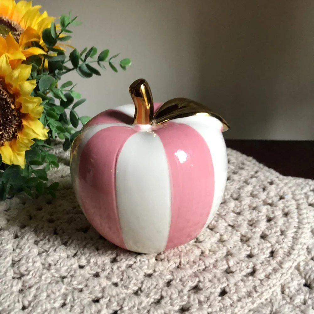 Pink and White Striped Ceramic Apple with Gold Stem